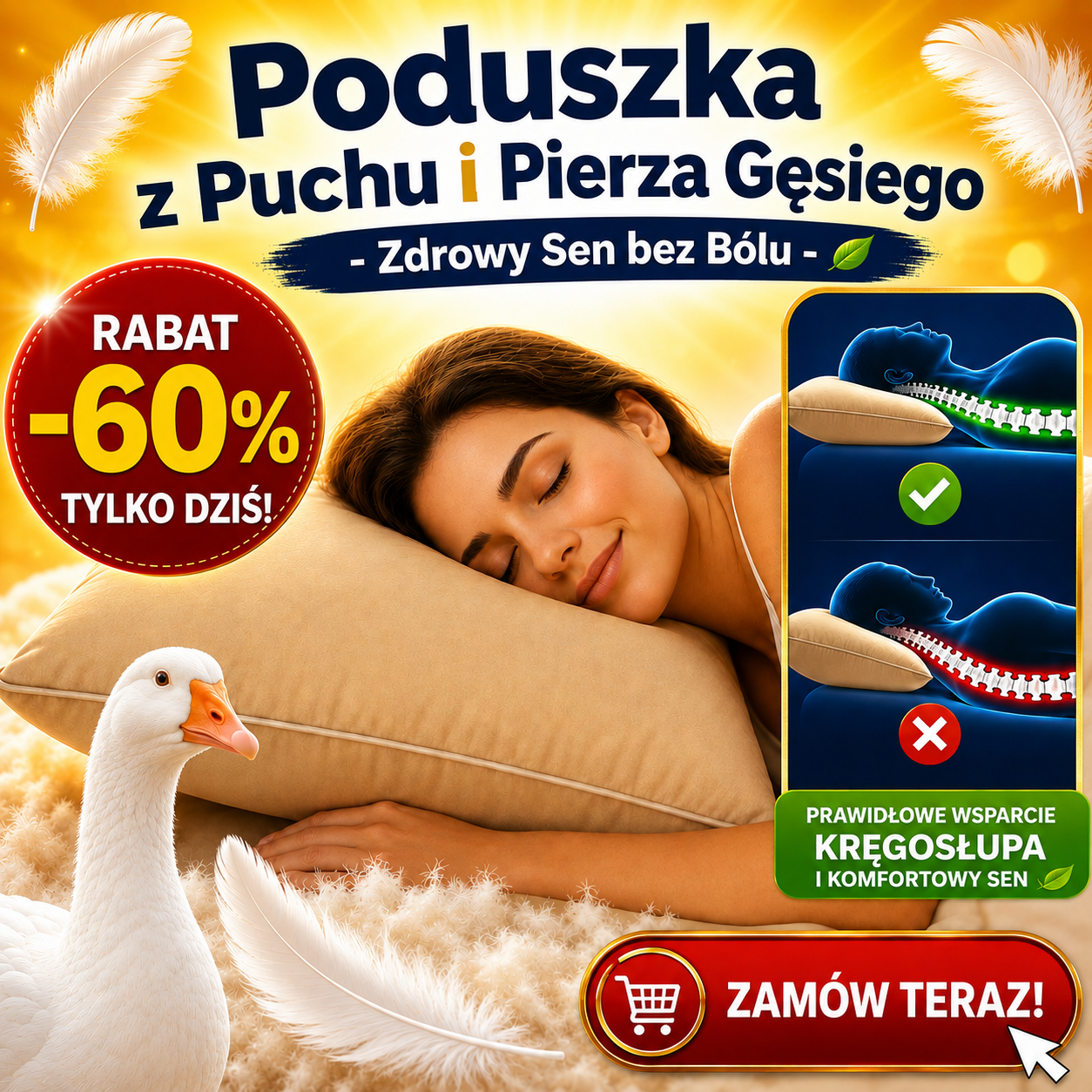 Poduszka Premium z Naturalnego Puchu i Pierza Gęsiego 50×70 cm